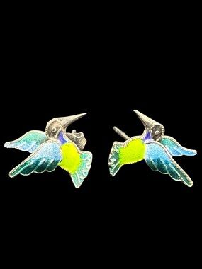Hummingbird Enamel Stud Earrings - Blue & Neon Lime